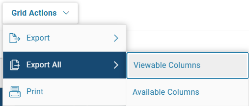 Screenshot of Grid Action, Export All, Viewable Columns menu items