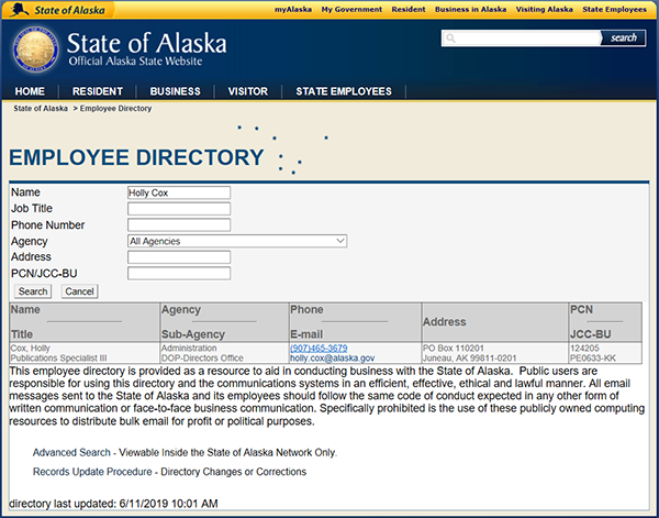screenshot of the public facing Employee Directory