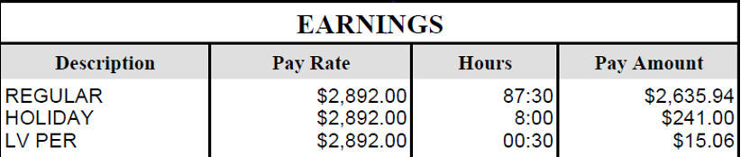 Earnings section of a pay stub