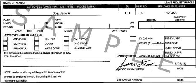 Example of completed Donated Leave Slip