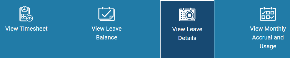 Time and Leave buttons View Leave Balance, View Leave Details, View Monthly accrual and Usage